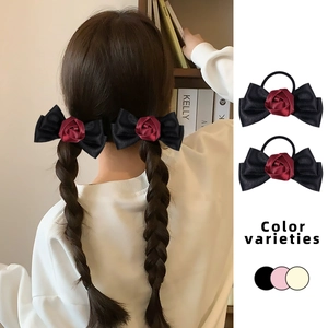 Élastiques à Cheveux en Satin avec Nœud de Rose pour Femmes Filles Style Ballet Doux Accessoires de Coiffure