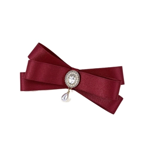 Elegant wine red satin double bow brooch with vintage rhinestone and pearl drop pendant