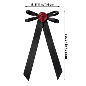 Elegant black ribbon bow brooch with dark red fabric rose and dimensions 14x26cm