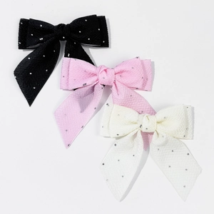 Set de 3 barrettes à nœuds avec strass en tissu texturé noir, rose et blanc