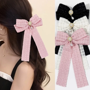 Tweed Lace Bow Hair Clip With Faux Artificial Pearl Pendant Vintage Elegant French Style Hairpin Accessories For Women Wedding Daily