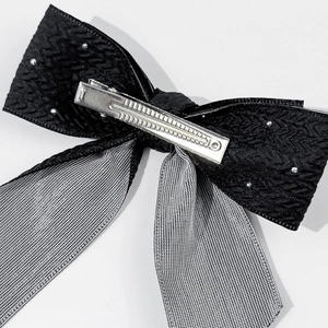 Barrette nœud noir élégante avec strass et pince crocodile en métal argenté brillant