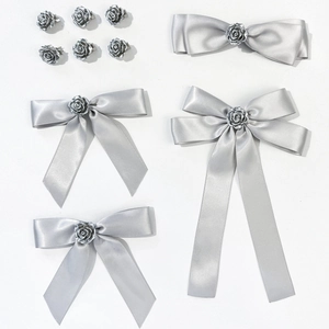 Élégantes Pinces à Cheveux Nœud en Ruban de Satin Gris Argenté pour Femmes Décoration Rose en Métal Accessoires Coiffure