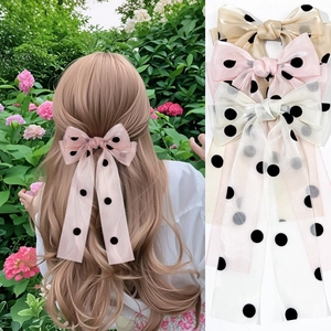 Pince à Cheveux Nœud Papillon en Maille à Pois Style Coréen Avec Longs Rubans Épingle à Cheveux en Tulle Doux pour Accessoires Cheveux