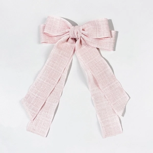 Pink linen bow hair clip with long ribbons, elegant double-layered headwear for women