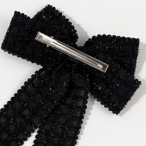 Elegant black tweed bow hair clip with sequins and silver metal duckbill clip