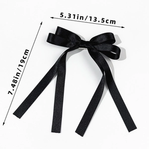 Size specifications of the black satin ballet bow hair clip with long ribbon streamers