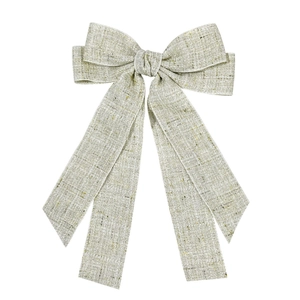 Elegant oatmeal tweed bow hair clip with gold threads and long flowing ribbons