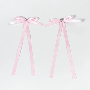 Barrettes à cheveux nœud en velours rose avec cœur en cristal et longs rubans soyeux