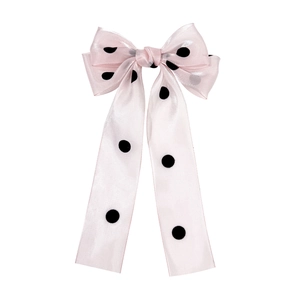 Barrette à cheveux rose à pois avec longs rubans en satin élégant pour femmes