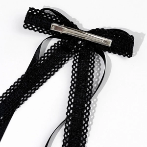 Barrette à cheveux avec nœud en dentelle noire et pince bec de canard argentée