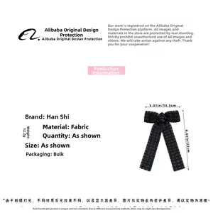 Detailed size specifications for the black fabric bow hair clip with rose decoration