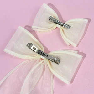Elegant off-white organza bow hair clip set with spring clip and duckbill clip detail