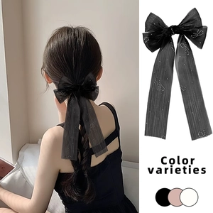 Pince à Cheveux Élégante en Maille avec Nœud et Strass Long Ruban Streamer Douce Barrette Accessoire de Tête pour Femme