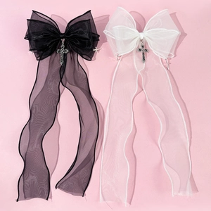 Fermaglio per Capelli Fiocco in Rete Gotico Dolce Cool Con Pendente Croce a Nastro Lungo Y2K Harajuku Stile Scuro Donna Accessori
