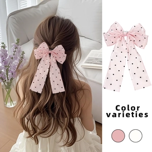 Sweet Polka Dot Mesh Gauze Bow Hair Clip With Heart Rhinestone Long Streamer Mori Style Temperament Hairpin For Women