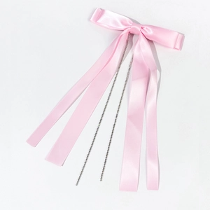 Barrette à cheveux nœud en satin rose avec pampilles en strass et rubans longs