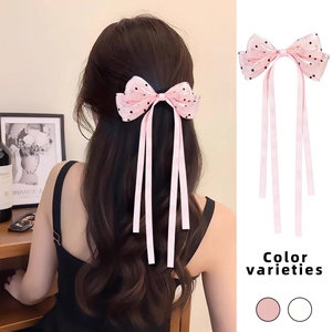 Pince à Cheveux Nœud en Résille à Pois Doux Avec Longs Rubans Style Coréen Accessoires de Cheveux Mode Femme