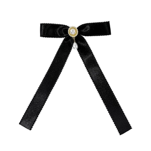 Elegant black satin bow hair clip with faux pearl pendant and long ribbon tassels