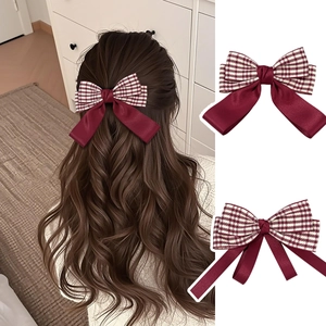 Vintage Wine Red Houndstooth Bow Hair Clip Ribbon Bowknot Streamers Duckbill Clip Retro Hair Accessories For Women