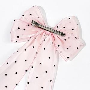 Pink polka dot organza bow hair clip with long ribbons and metal crocodile clip