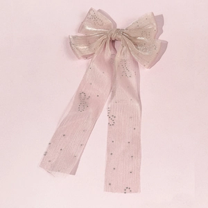 Barrette élégante en tulle rose avec long ruban et décoration de strass brillants