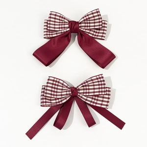 Elegant burgundy houndstooth bow hair clip set with satin ribbons for women's hairstyle