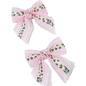 Fermaglio per capelli a fiocco in pizzo rosa con nastro floreale in stile cottagecore