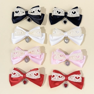 Sweet Japanese Style Satin Ribbon Lace Bow Hair Clips With Hollow Heart Rhinestone Pendant Lolita Side Clip For Women