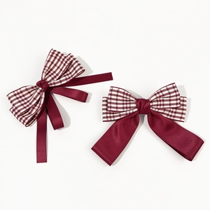Elegant set of burgundy and houndstooth bow hair clips with long ribbons for women