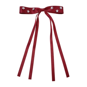 Rote Haarschleife aus Satin mit silbernen Stern-Strasssteinen und langen Bändern