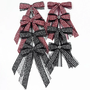 Gothic Lolita bow hair clips with red and black lace, heart charms and metal crosses