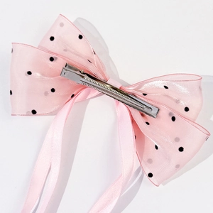 Barrette à cheveux rose à pois avec nœud en tulle et rubans longs élégants