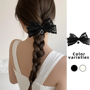 Elegant French lace bow hair clip with heart rhinestone pendant for women, black and white set