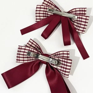 Set of two burgundy houndstooth bow hair clips with satin ribbon and metal duckbill clips