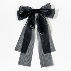 Eleganter schwarzer Plissee-Netz-Haarclip mit Glitzer-Strasssteinen und langen Bändern