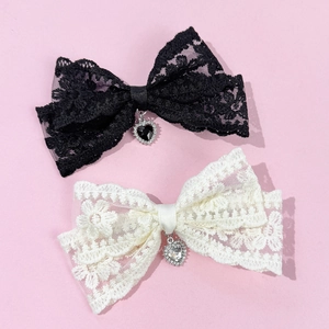 French Lace Bow Hair Clip For Women Elegant Heart Rhinestone Pendant Duckbill Clip Vintage Korean Style Hair Accessories