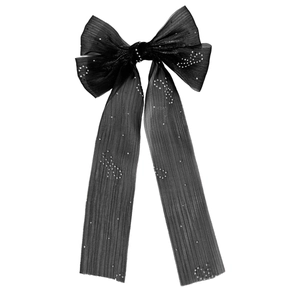 Barrette élégante en tulle noir avec strass argentés et long ruban style français