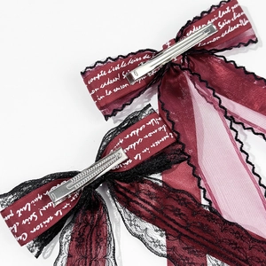 Dark red satin bow hair clips with black lace and elegant French text printing