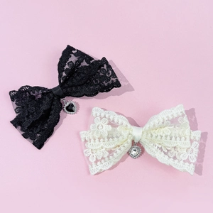 Elegant French lace bow hair clip with sparkling heart pendant in black and white styles