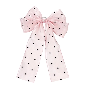 Pink polka dot tulle hair clip with heart rhinestone buckle and elegant bow design