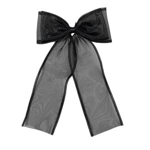 Elegant black oversized mesh bow hair clip with long ribbons on a white background