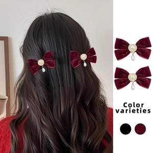 Vintage Velvet Bow Hair Clips For Women Elegant Artificial Pearl Dangle Duckbill Clips French Style Sweet Hair Accessories