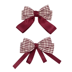 Set of two vintage wine red houndstooth and satin bow hair clips with long ribbons