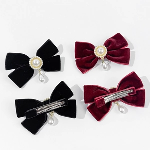 Velvet bow hair clip set with pearls in black and wine red for elegant women's styling