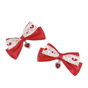 Sweet red satin bow hair clips with white lace and dangling heart crystal pendant