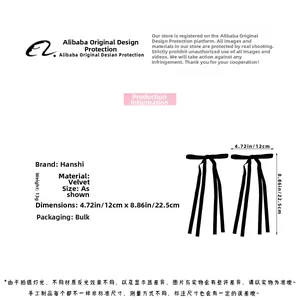 Detail showing dimensions of two black velvet bow hair clips with long ribbons