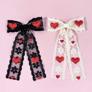 Pince à Cheveux Nœud en Dentelle Élégante avec Cœur Rouge Long Ruban Doux Motif de Cœur Accessoire de Cheveux pour Femme