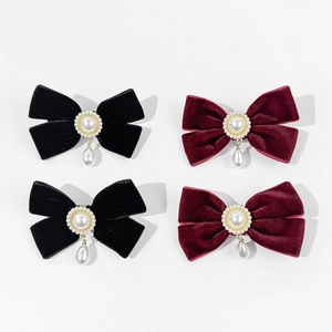 Velvet bow hair clips with pearls in black and wine red, elegant Korean style hair pins