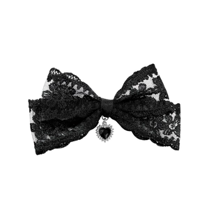Elegant French black lace heart bow hair clip with sparkling rhinestone pendant